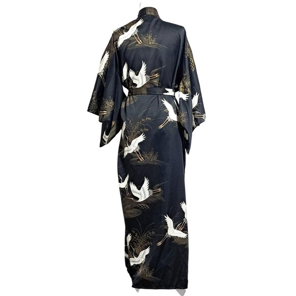 Vintage 70s Japanese Kimono Robe Black Satin Cranes Clouds Made in Japan Tag Rea - Picture 4 of 11